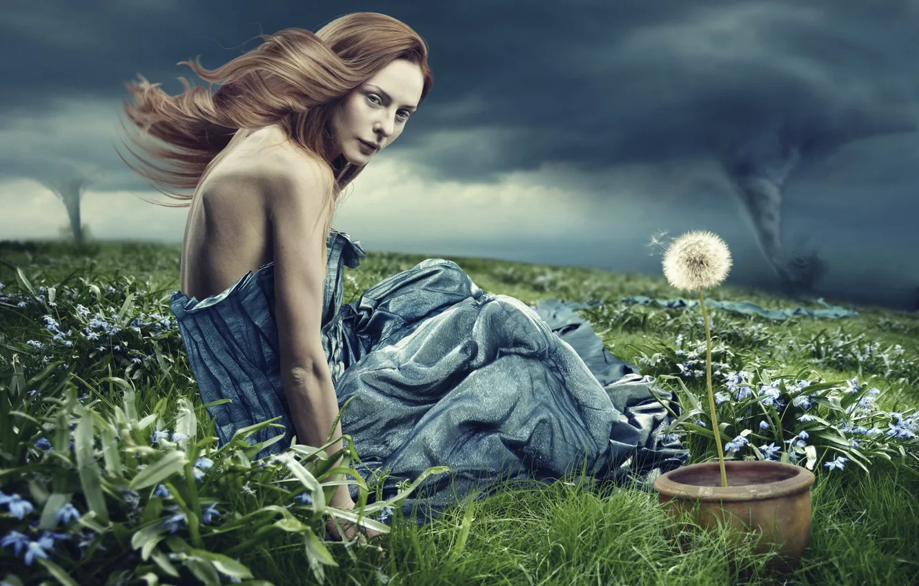 Photo wallpaper grass, girl, creative, dandelion, the wind, hurricane, pot, brown hair