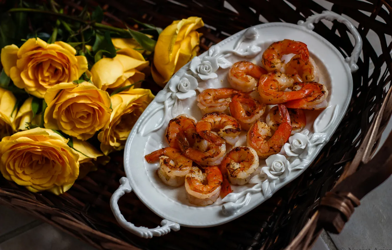 Photo wallpaper flowers, roses, shrimp, seafood