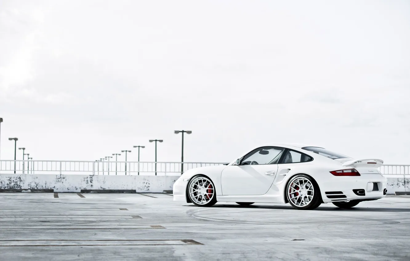 Photo wallpaper white, 997, Porsche, Parking, white, Porsche, Turbo, the rear part