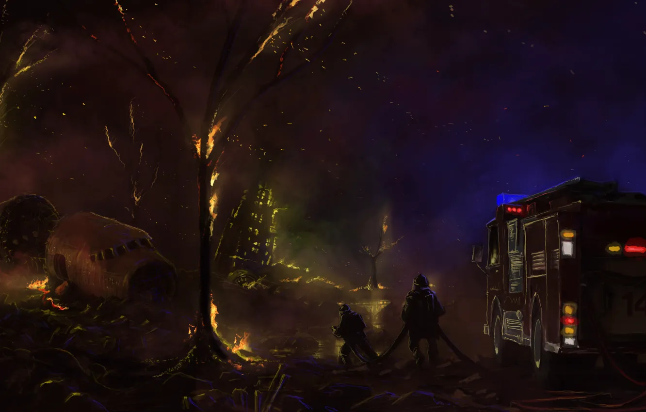 Photo wallpaper crash, night, the city, fire, the plane, fire, Crash Site