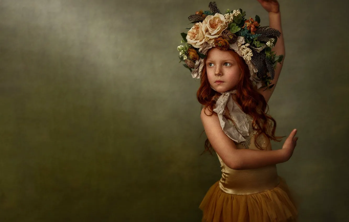 Photo wallpaper flowers, pose, background, mood, girl, freckles, red, ballerina