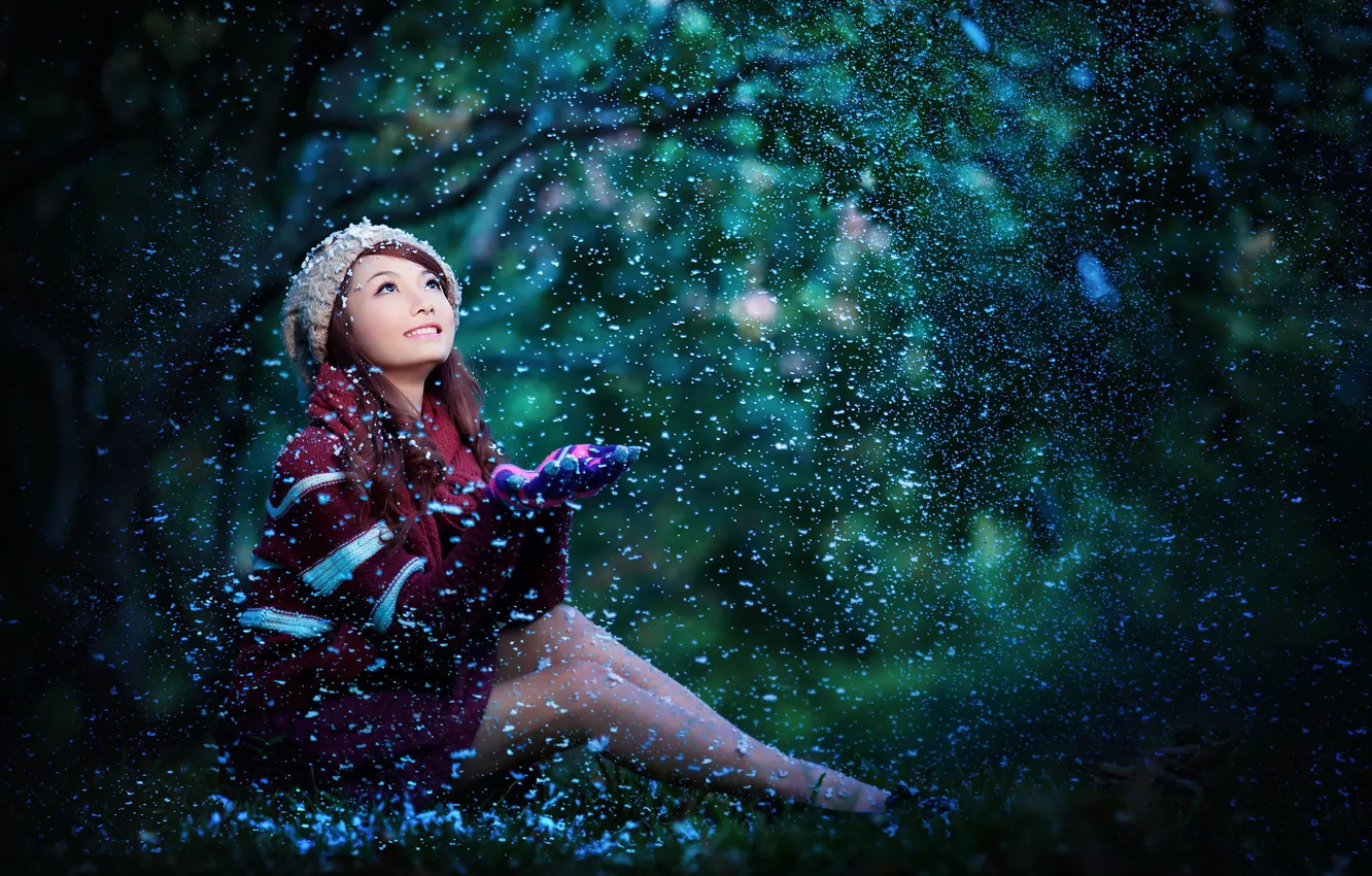 Photo wallpaper girl, snow, Asian