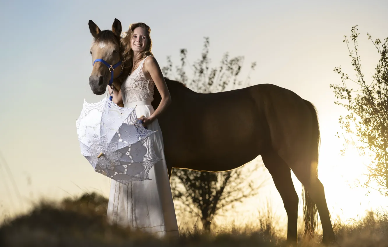 Photo wallpaper girl, light, horse