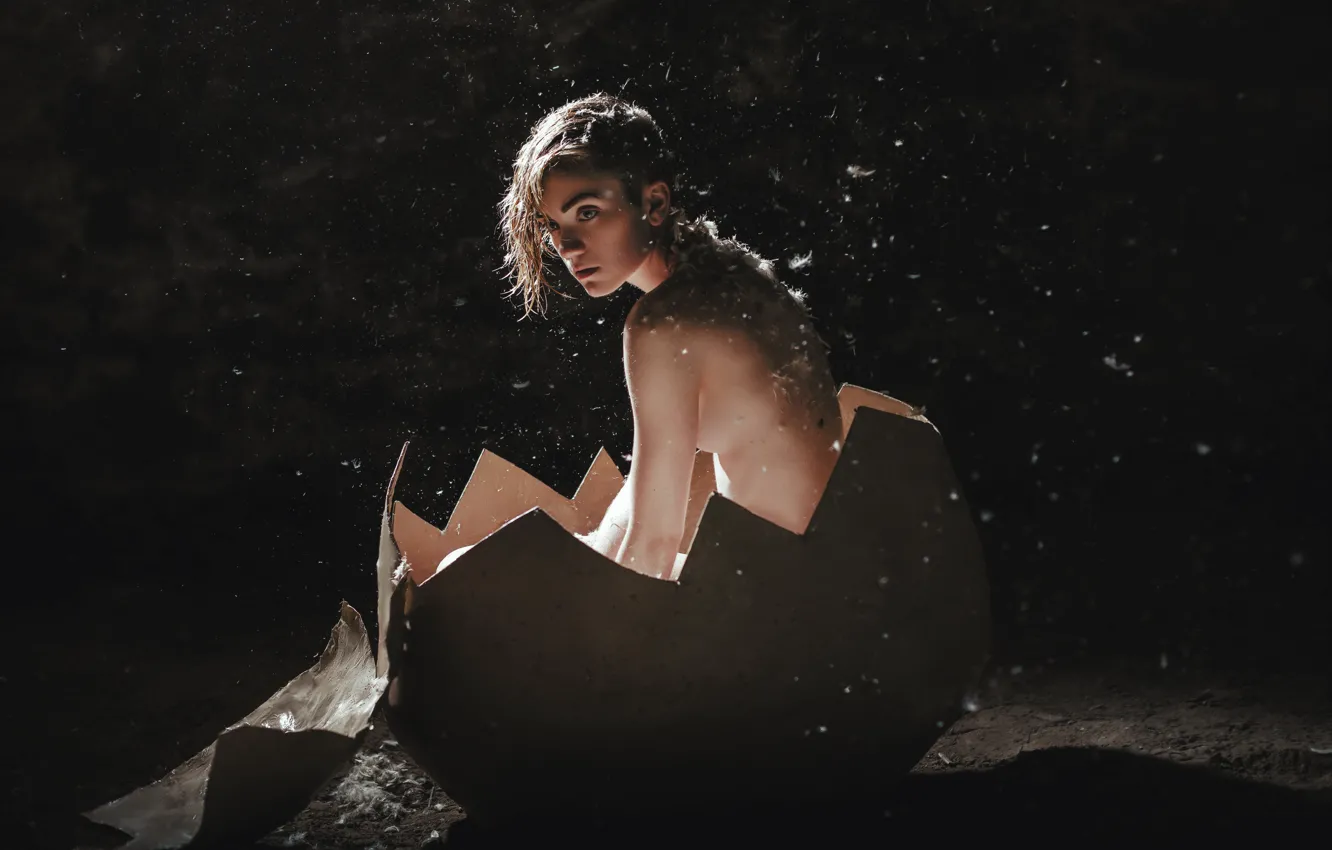 Photo wallpaper look, girl, face, the dark background, fantasy, haircut, back, eggs