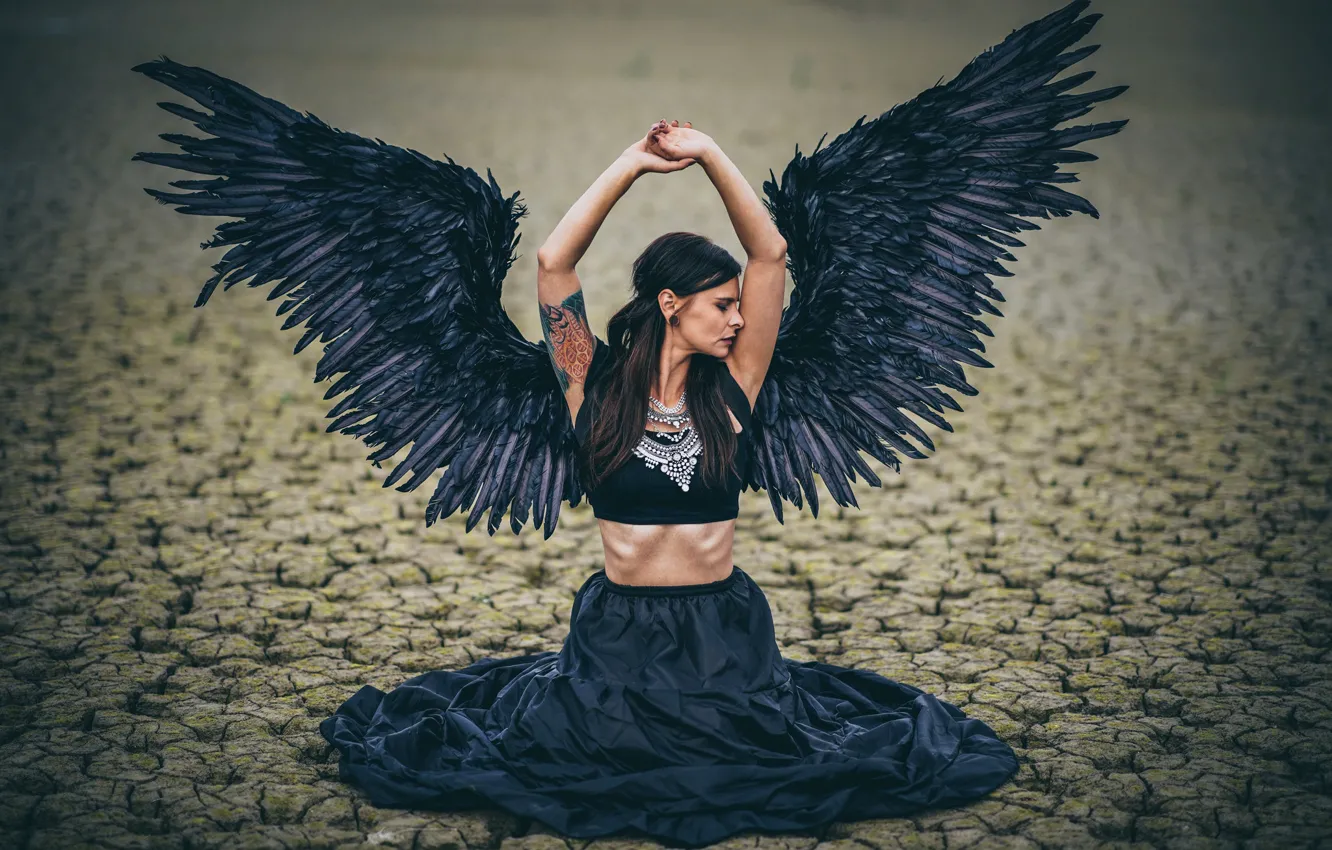 Photo wallpaper girl, cracked, pose, earth, woman, wings, angel, hands