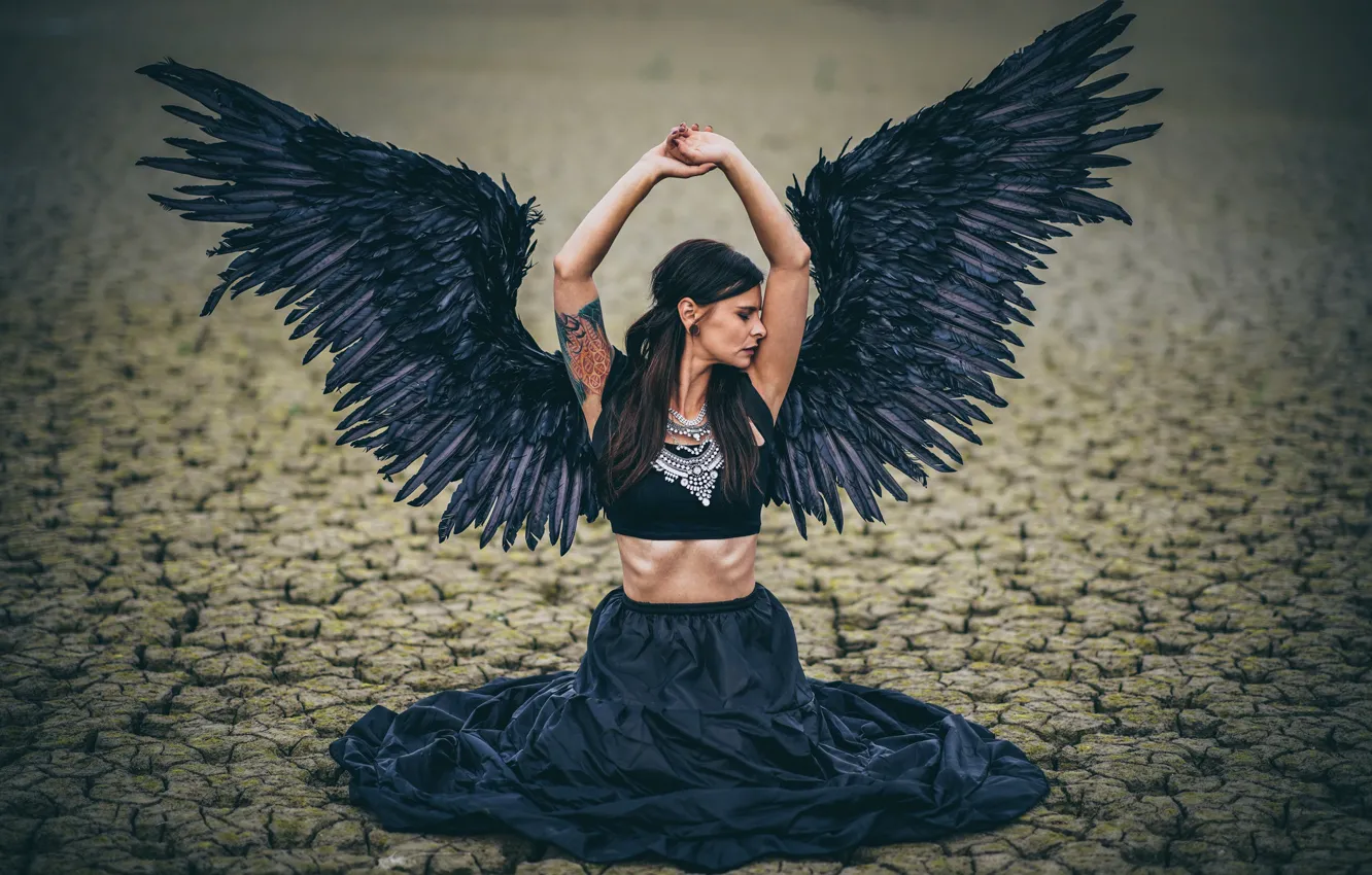 Photo wallpaper girl, cracked, pose, earth, black, woman, wings, angel