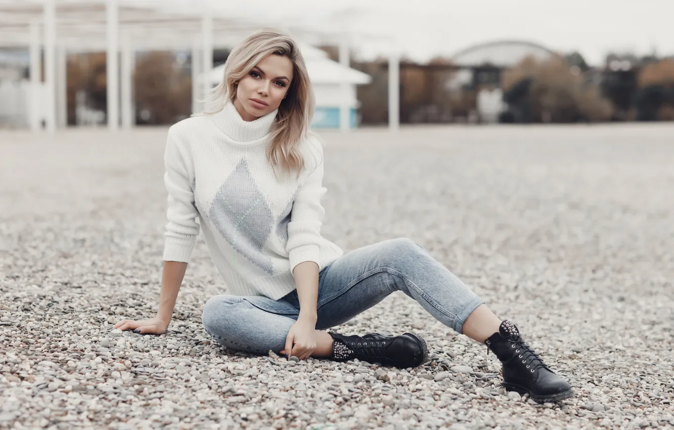 Photo wallpaper girl, young, beautiful, jeans, blonde, cute, sweater