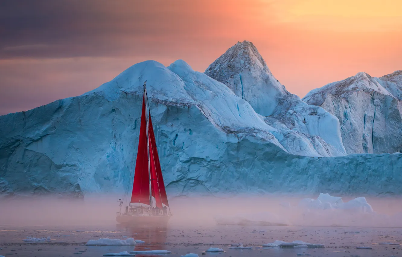 Photo wallpaper ice, sea, yacht, iceberg, Greenland, Scarlet sails