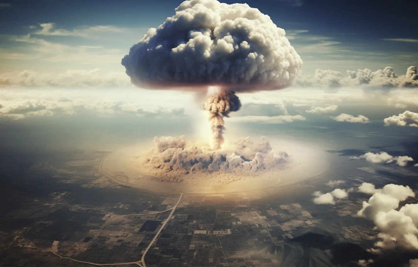 Photo wallpaper clouds, the explosion, mushrooms, a nuclear explosion, digital art, nuclear weapons, AI art, The Art …