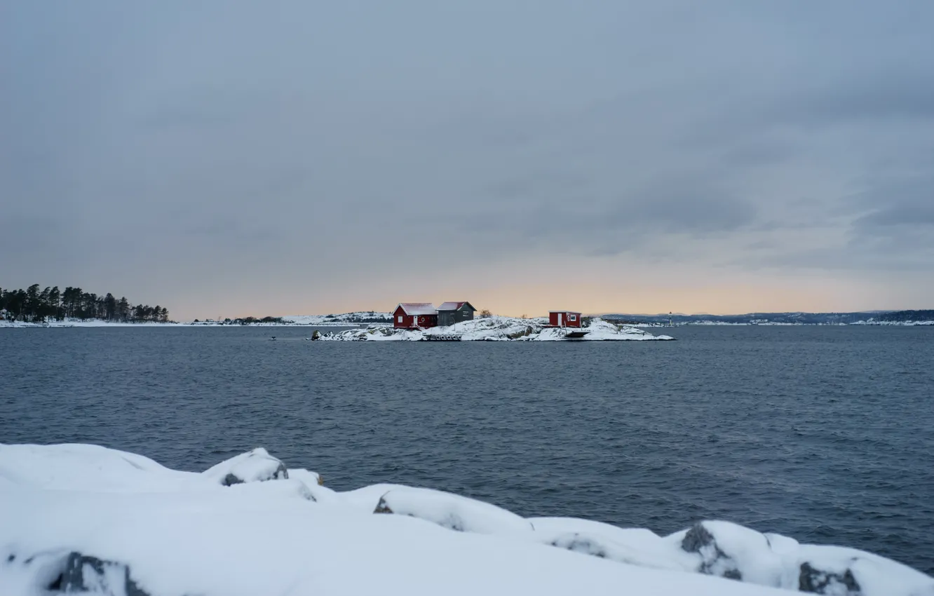 Photo wallpaper sea, winter, snow, houses, horizon, lighthouse, islet
