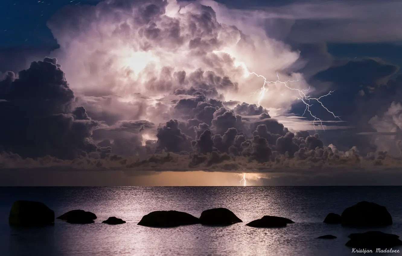 Photo wallpaper sea, the sky, clouds, light, night, clouds, lightning