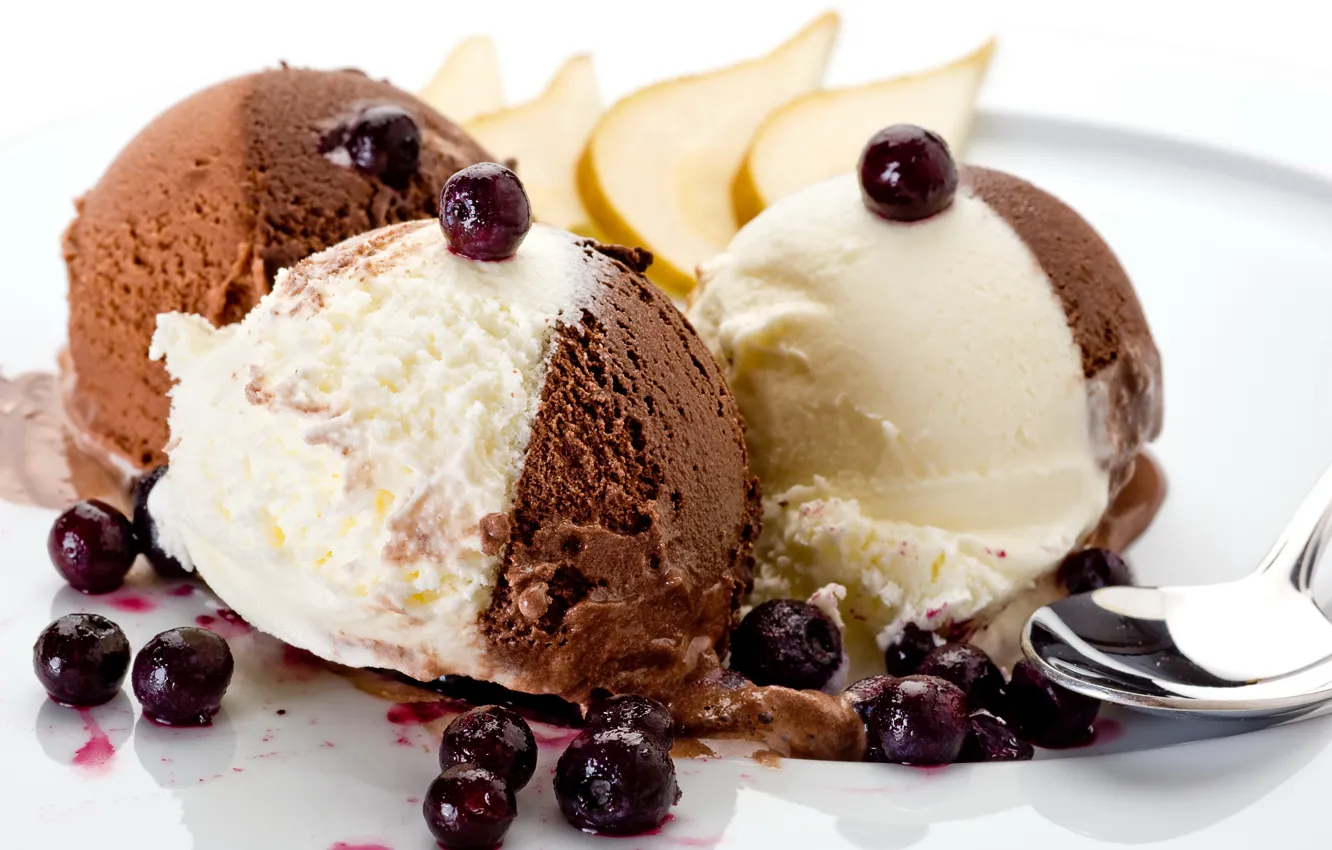 Photo wallpaper berries, spoon, ice cream, dessert