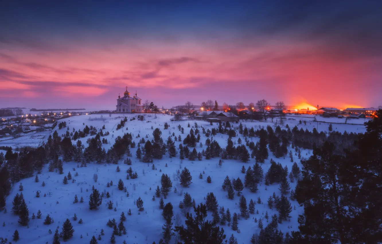 Photo wallpaper winter, snow, landscape, sunset, nature, village, Church, Ural