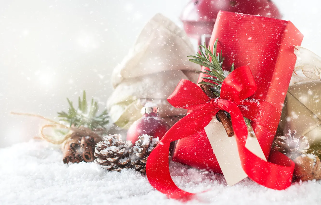 Photo wallpaper winter, snow, gift, toys, New year, Red, Winter, Snow