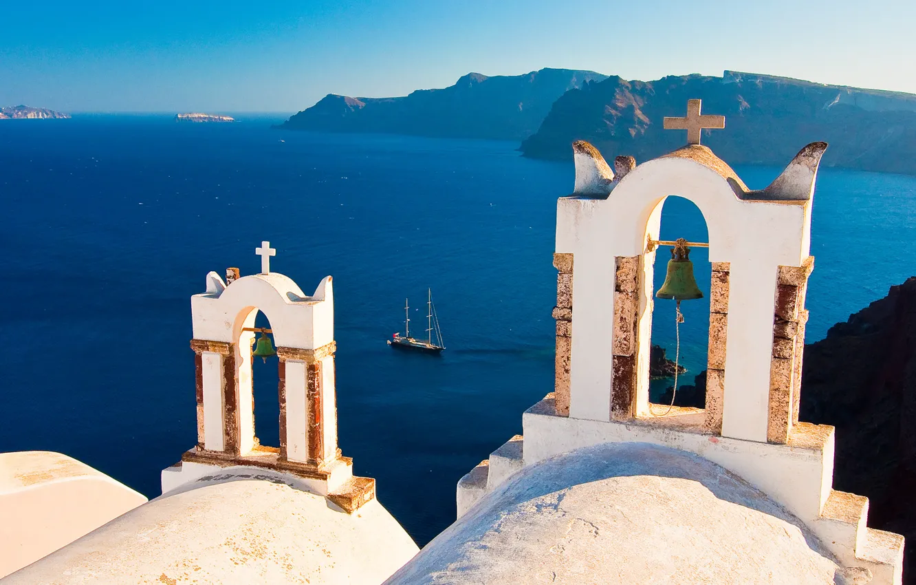 Photo wallpaper Islands, yacht, Santorini, Greece, bell, Santorini, Oia, Greece