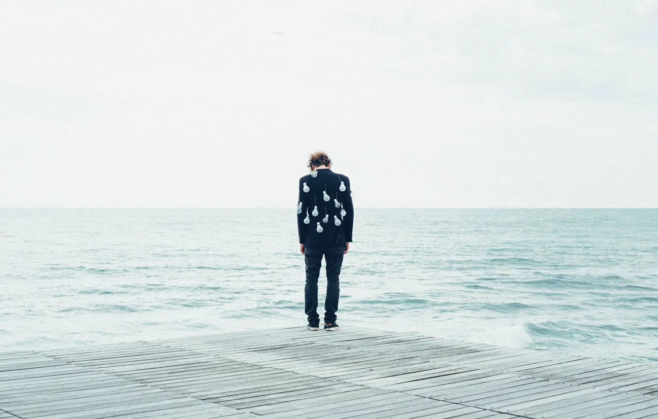 Photo wallpaper sad, sea, ocean, seascape, man, pier, bulb jacket
