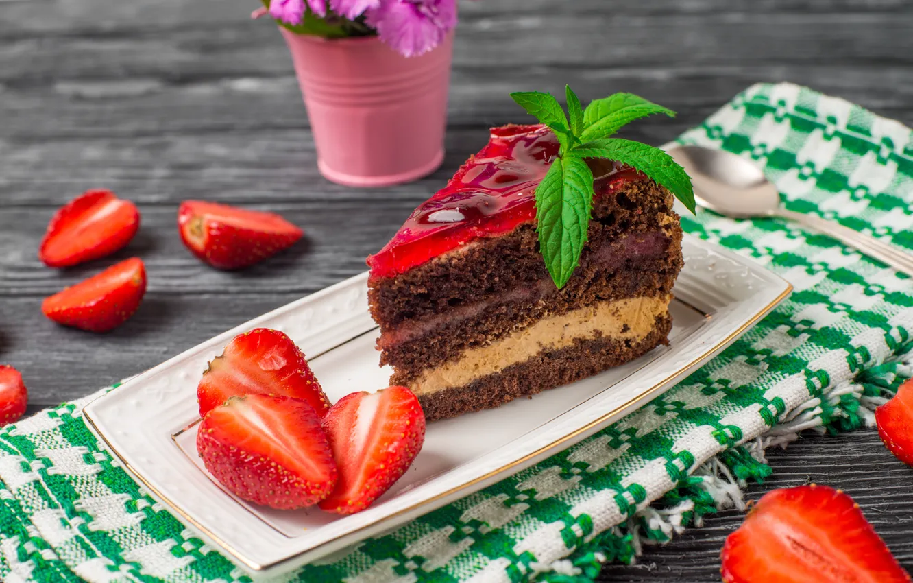 Photo wallpaper chocolate, strawberry, cake, mint, cream, jelly