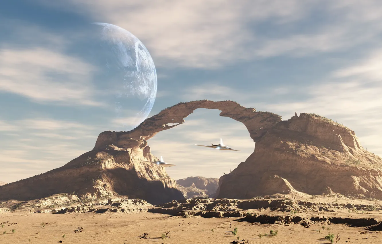 Photo wallpaper flight, ship, planet, speed, satellite, arch, the landscape
