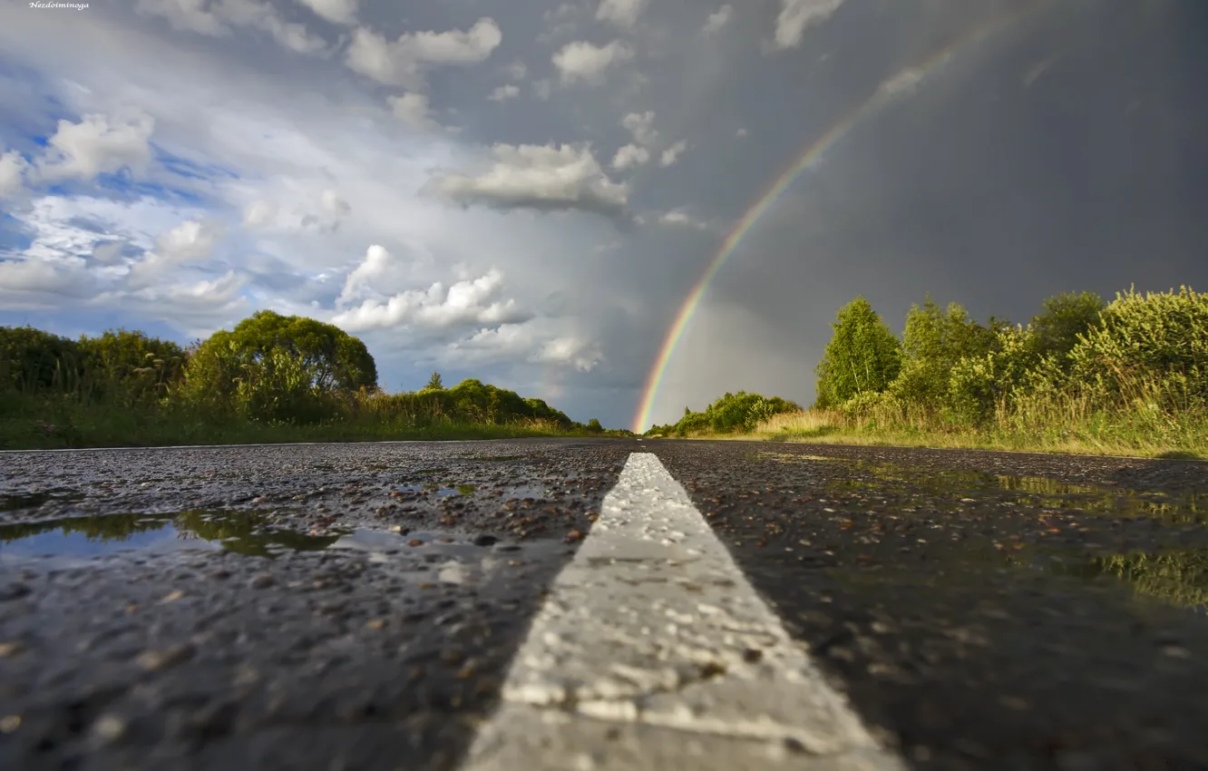 Photo wallpaper road, the sky, asphalt, trees, clouds, Rainbow, after the rain, puddles