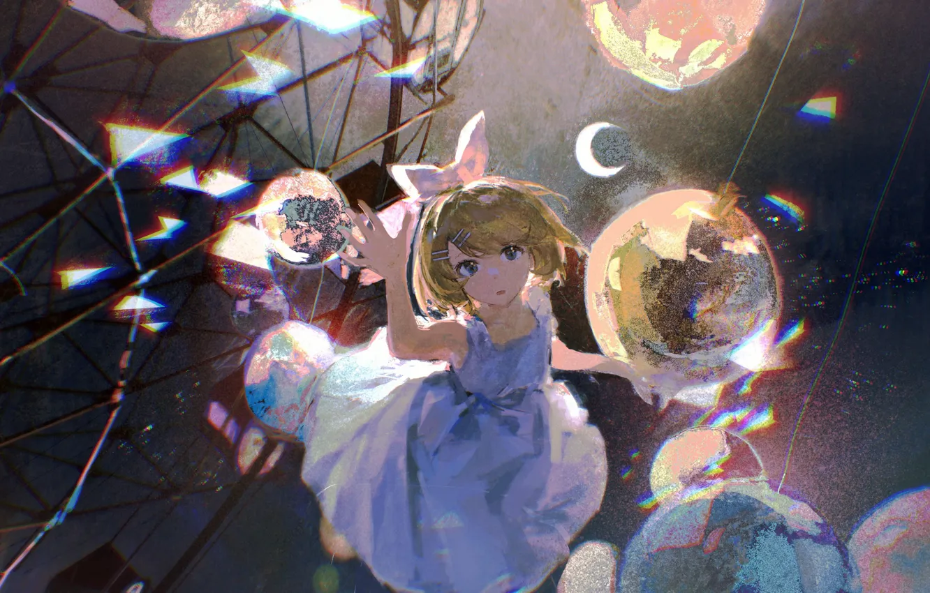 Photo wallpaper girl, balls, reflection, Ferris wheel, vocaloid, Crescent, Kagamine Rin, Saclia