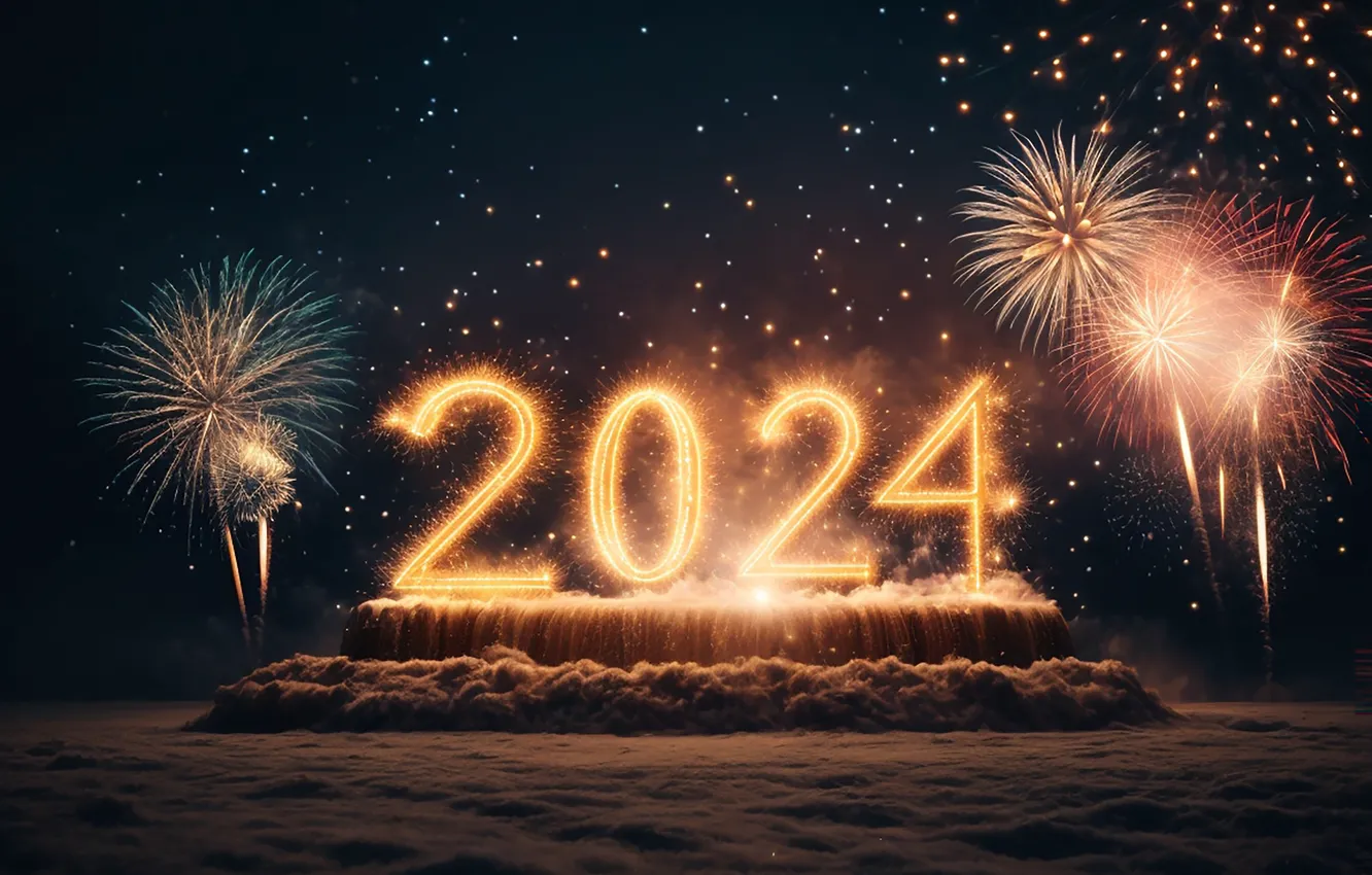 Photo wallpaper new year, salute, figures, golden, New Year, numbers, 2024, fieworks