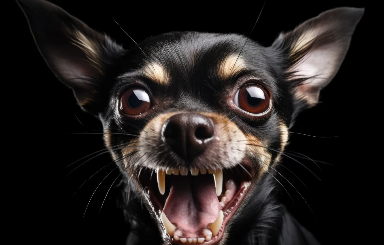 Photo wallpaper look, face, dog, fangs, grin, evil, black background, Chihuahua