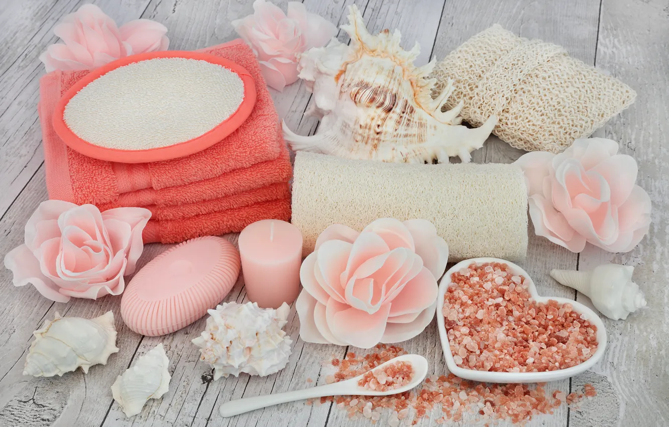 Photo wallpaper flowers, soap, shell, flowers, bath, still life, candle, spa