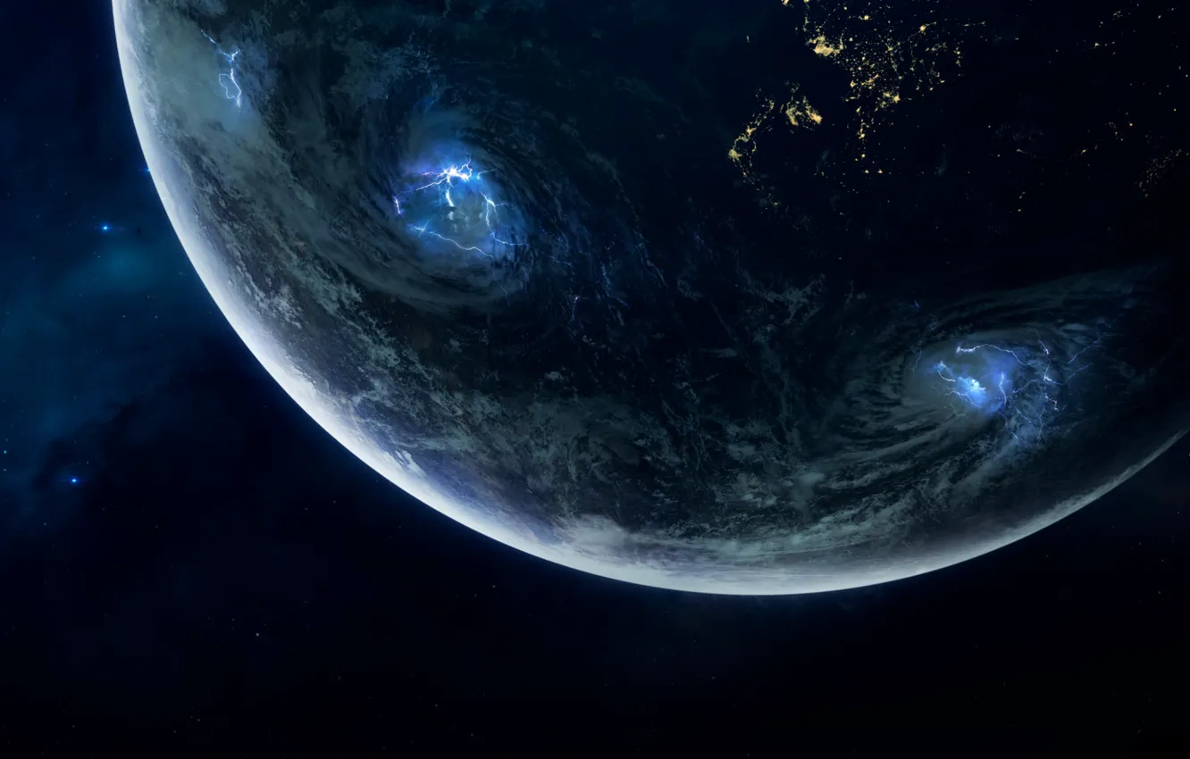 Photo wallpaper space, surface, light, night, lightning, planet, art, space