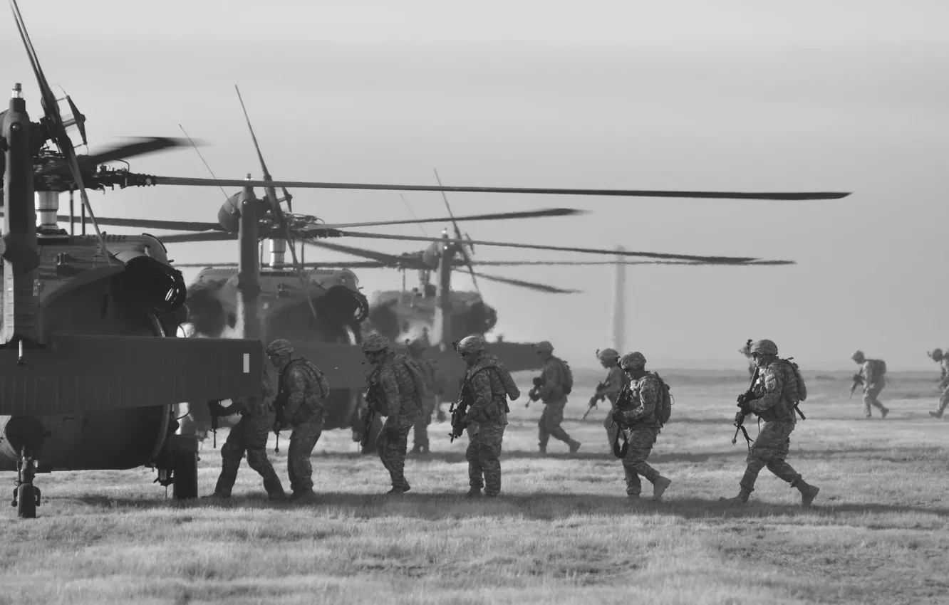 Photo wallpaper army, soldiers, helicopter