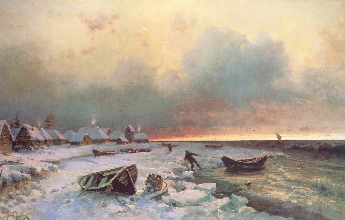 Photo wallpaper ice, winter, sea, wave, the sky, water, snow, trees