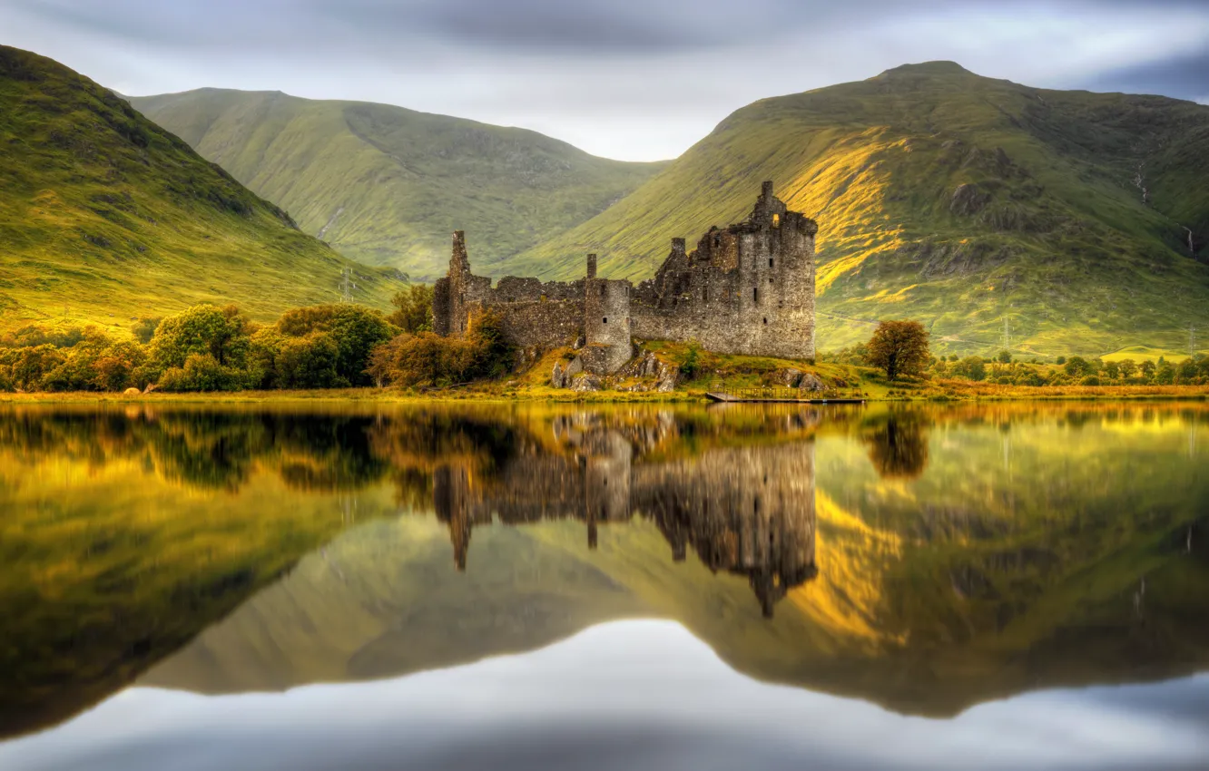 Photo wallpaper mountains, reflection, castle, Scotland, pond