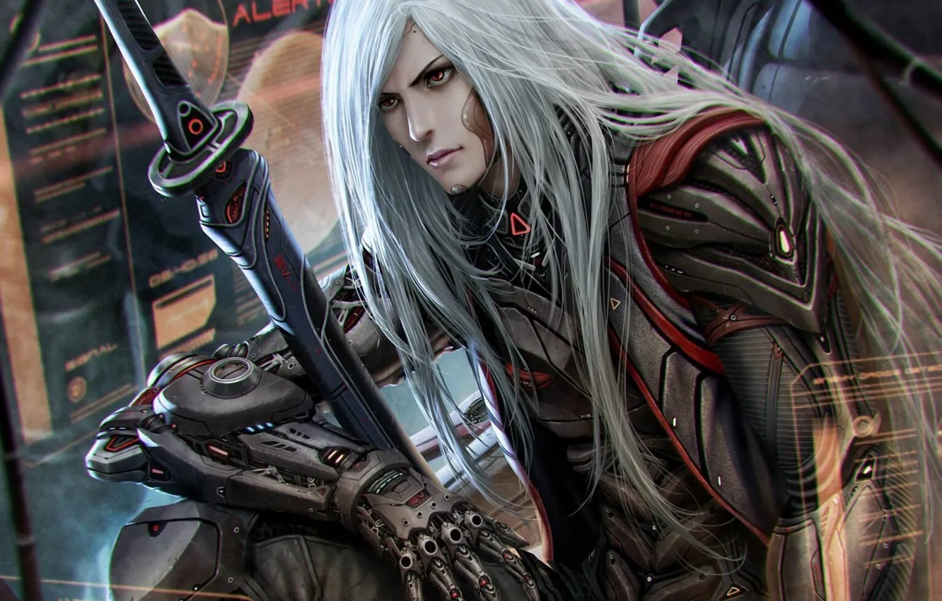 Photo wallpaper metal, interface, sword, art, guy, cyborg, white hair