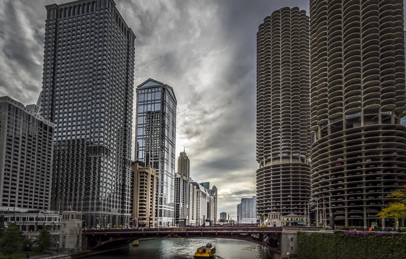 Photo wallpaper river, building, skyscrapers, Chicago, Parking, America, Il, Chicago