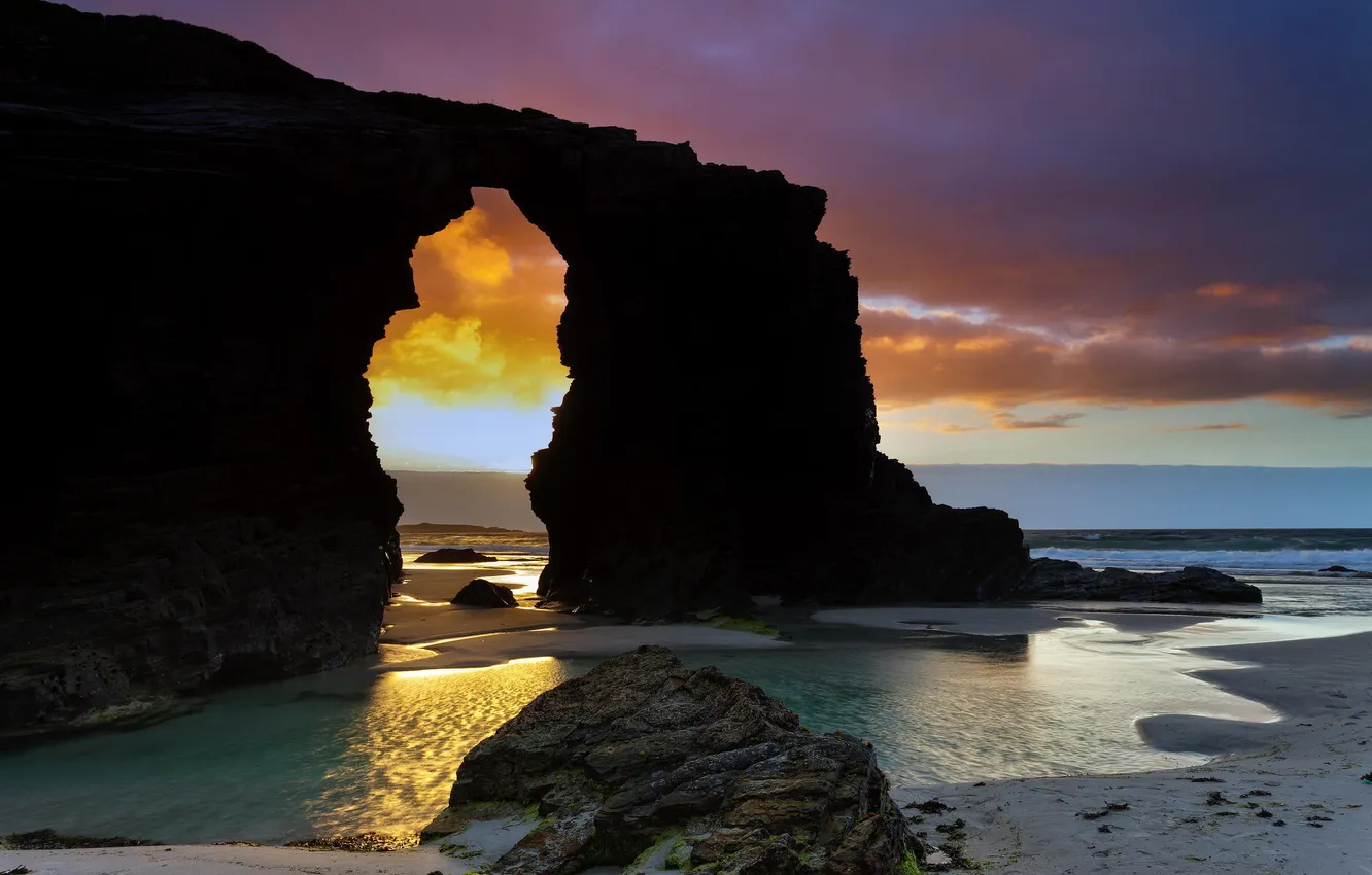 Photo wallpaper sand, beach, sunset, stones, the ocean, rocks, shore