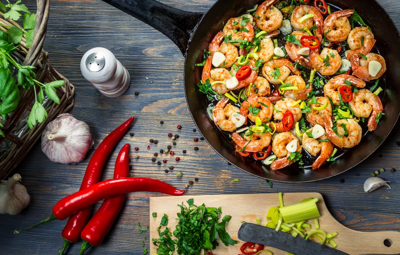 Photo wallpaper shrimp, pepper, pepper, shrimps, dish with seafood, dish with seafood