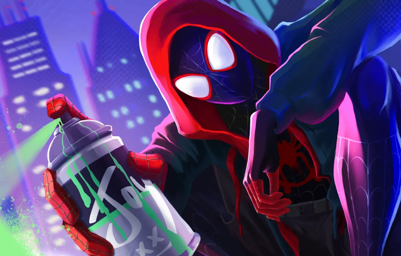 Photo wallpaper night, skyscrapers, mask, Spider-man, super hero, spray paint, Miles Morales