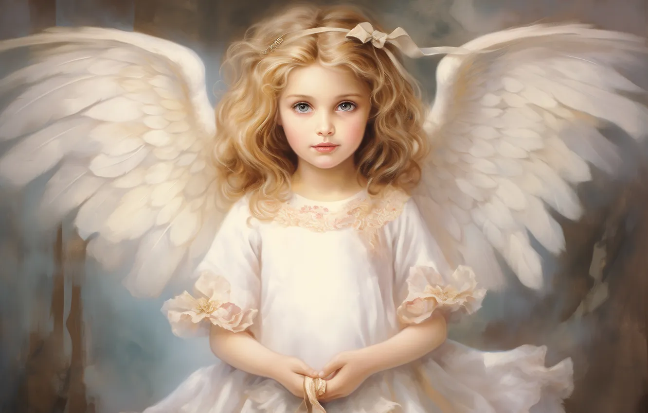 Photo wallpaper look, hair, wings, angel, blonde, girl, digital art, AI art