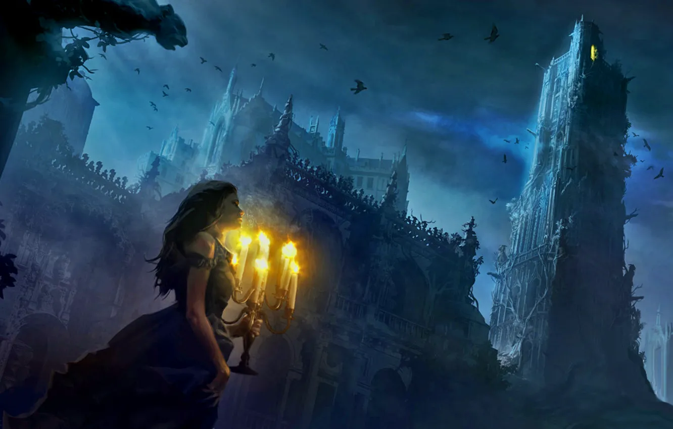 Photo wallpaper girl, castle, bird, candles, dress, twilight