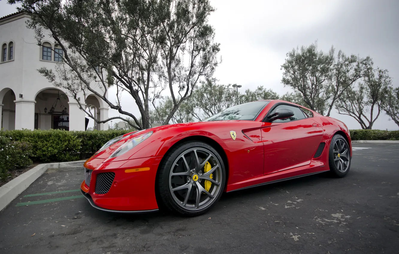 Photo wallpaper trees, red, clouds, the building, Ferrari, red, Ferrari, 599