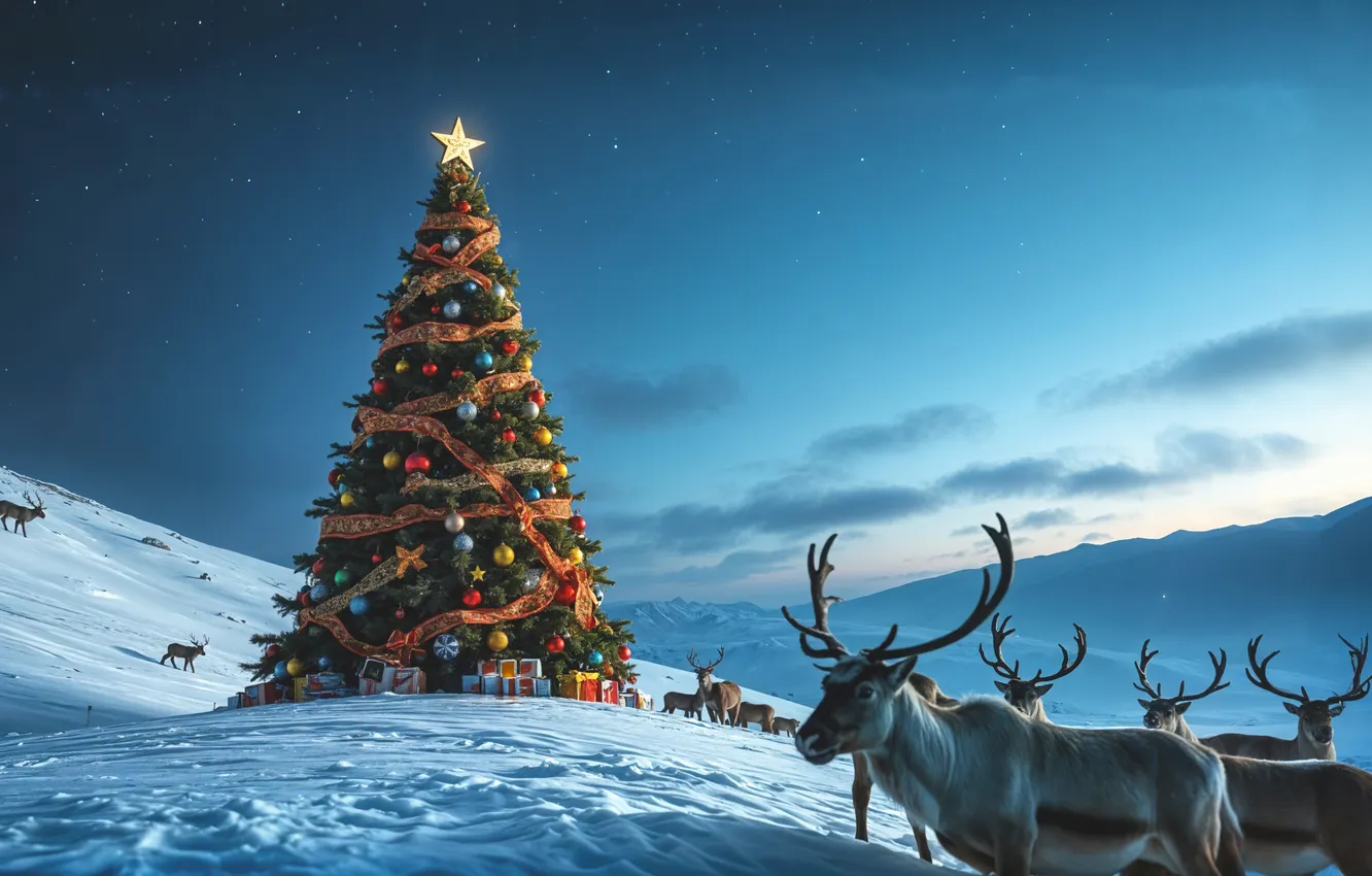 Photo wallpaper winter, the sky, stars, clouds, balls, snow, blue, hills