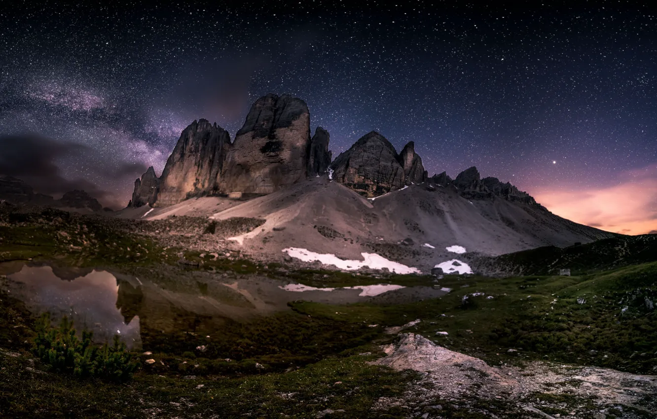 Photo wallpaper snow, landscape, mountains, night, nature, lake, stars, Italy
