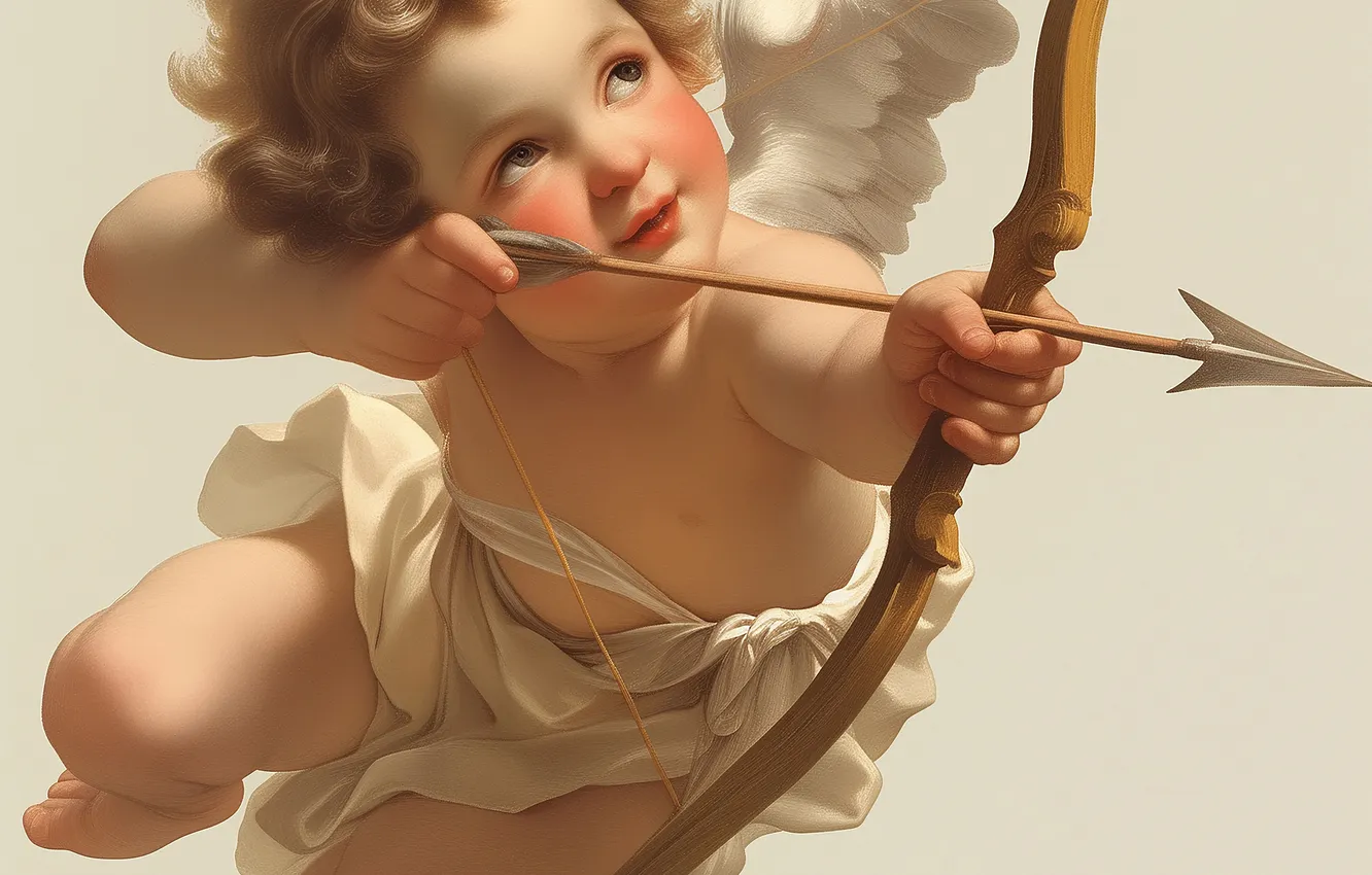 Photo wallpaper Cupid, wings, boy, bow, arrows, light background, Cupid, digital art