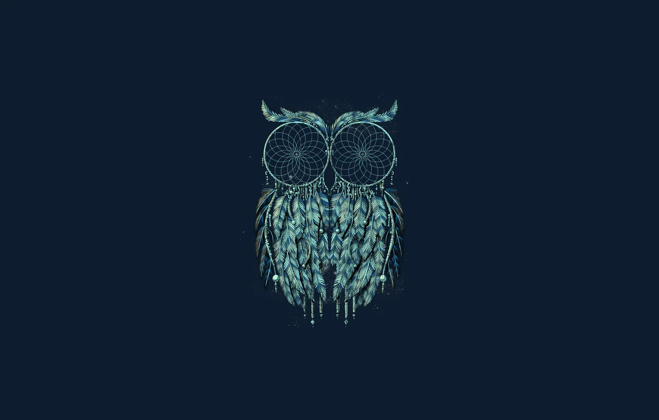 Photo wallpaper owl, minimalism, blue background, owl, Dreamcatcher, dreamcatcher