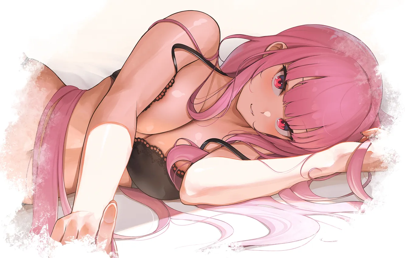 Photo wallpaper red, girl, hot, sexy, bra, cleavage, pink hair, boobs
