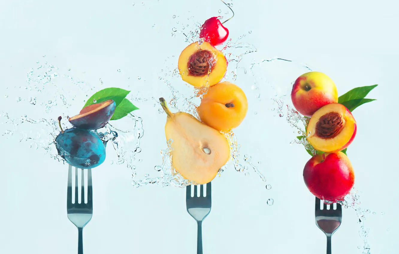 Photo wallpaper cherry, pear, fruit, peaches, fork, drain, Making fruit salad
