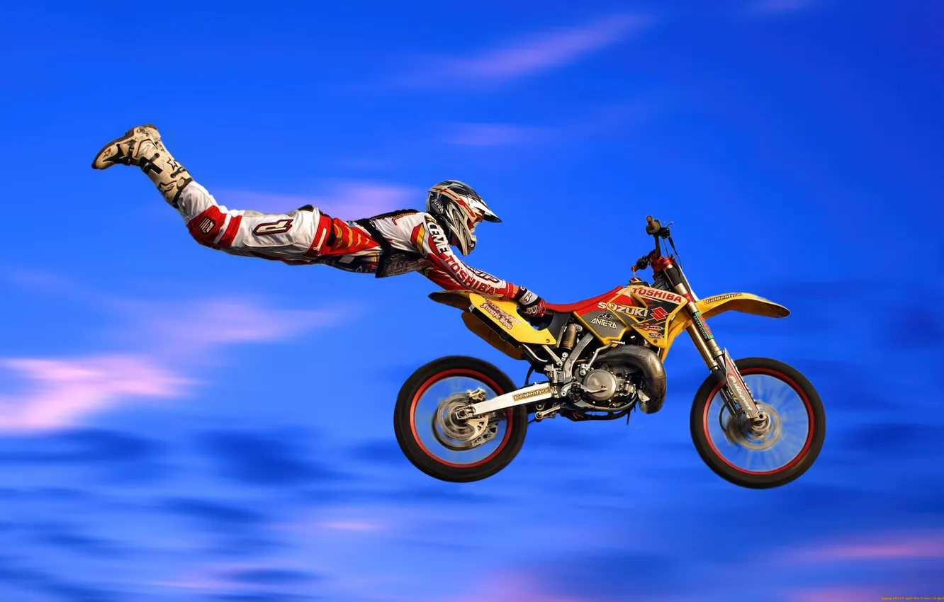 Photo wallpaper Blue Sky, Sports, Motocross, Stunt, Freestyle Motocross, Suzuki RM