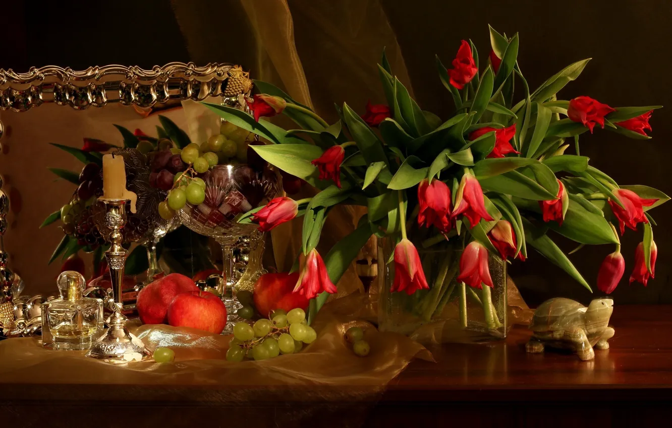 Photo wallpaper flowers, red, table, apples, bouquet, candles, mirror, grapes