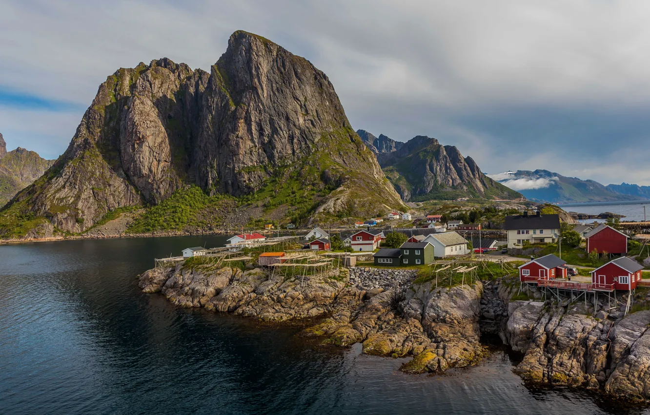 Photo wallpaper sea, the sky, clouds, mountains, home, Norway, the village