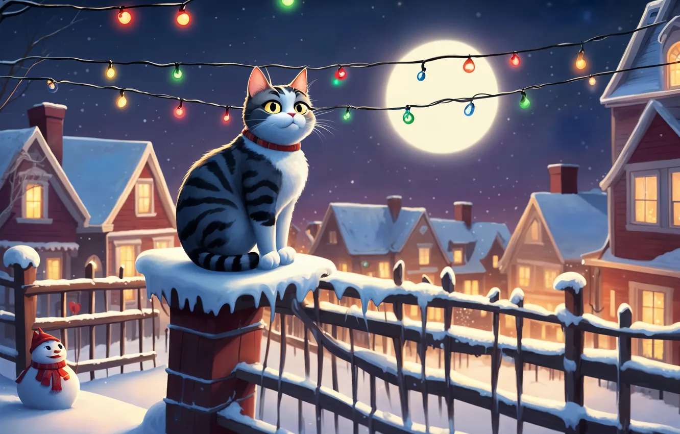 Photo wallpaper winter, cat, cat, snow, night, new year, home, Christmas