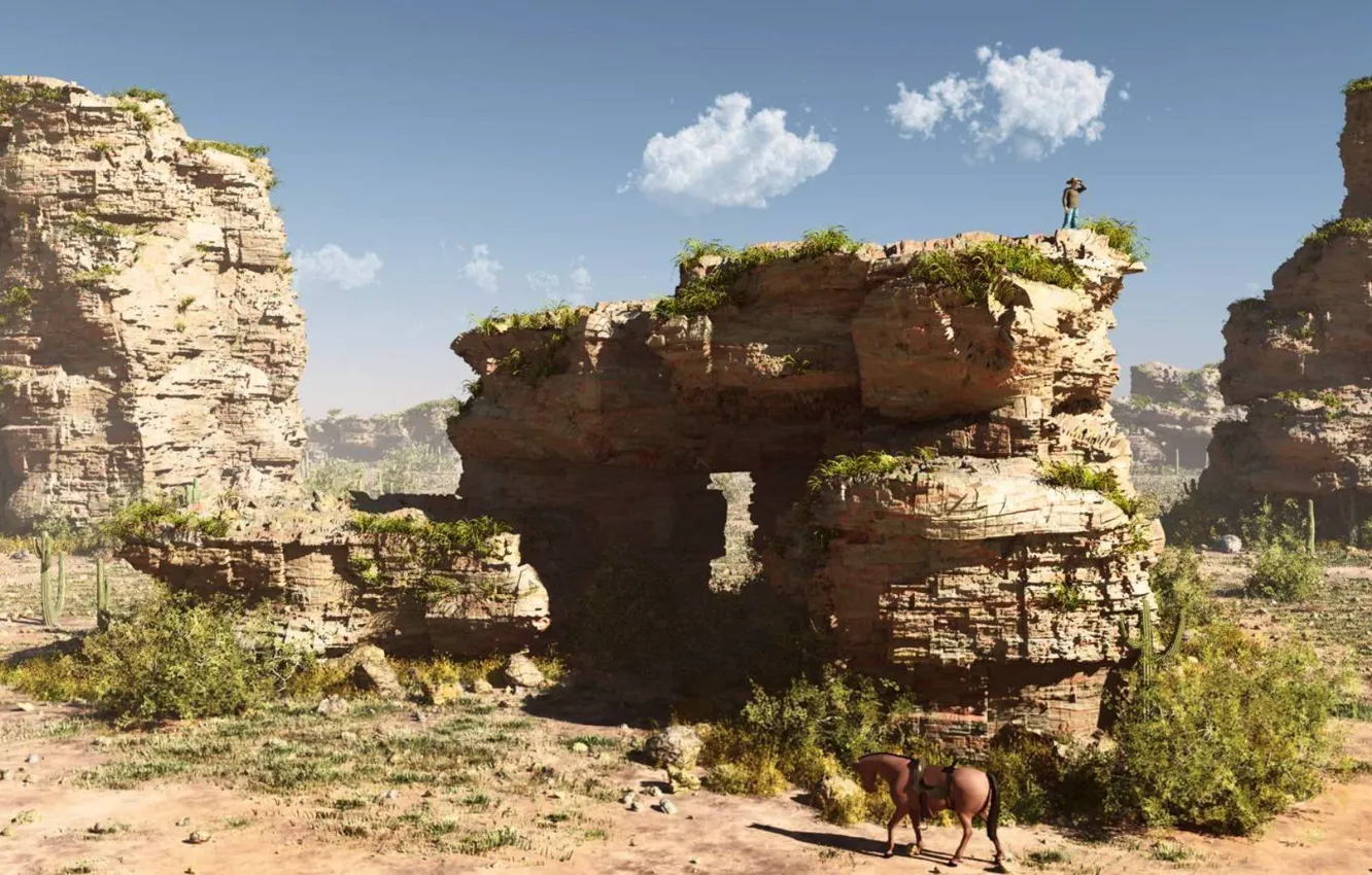 Photo wallpaper sky, clouds, rocks, man, horse, old wild west